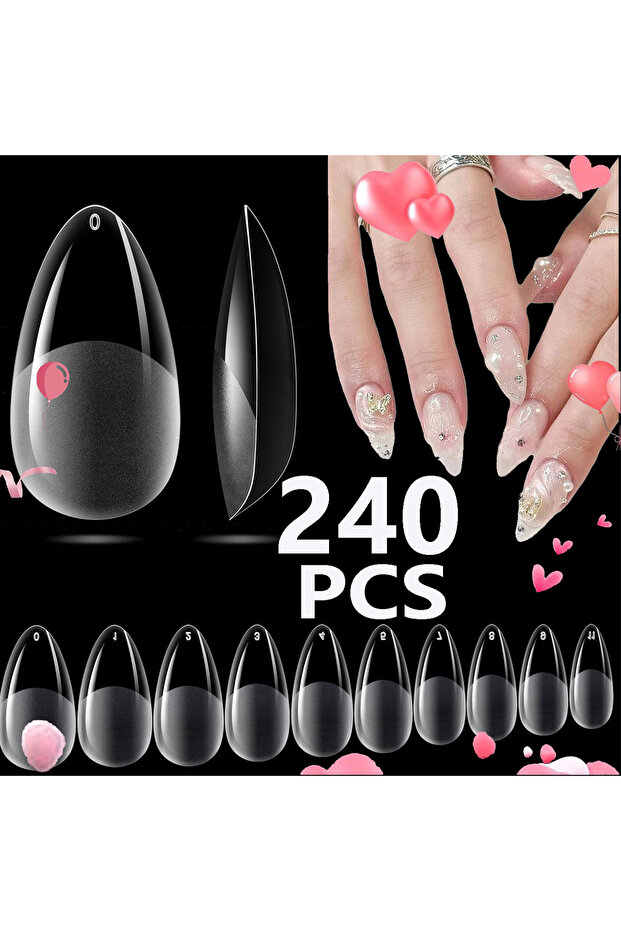 WHITE 240 Pcs Almond False Nail Tips Clear Matt Soft Fake Nails Extension 12 Sizes For Home DIY Nail