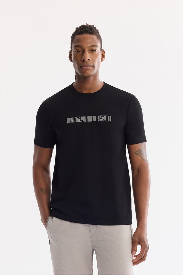Men's Black Crew Neck Printed Bi-Stretch Interlock Regular Fit T-Shirt A61Y1061