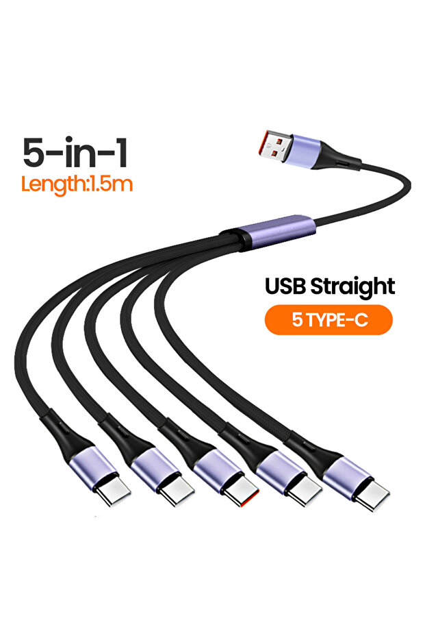 كابل شحن USB-A سريع الشحن للهواتف المحمولة بطول 1.5 متر مستقيم 5C 66W USB-A 5 في 1 لشحن iPhone