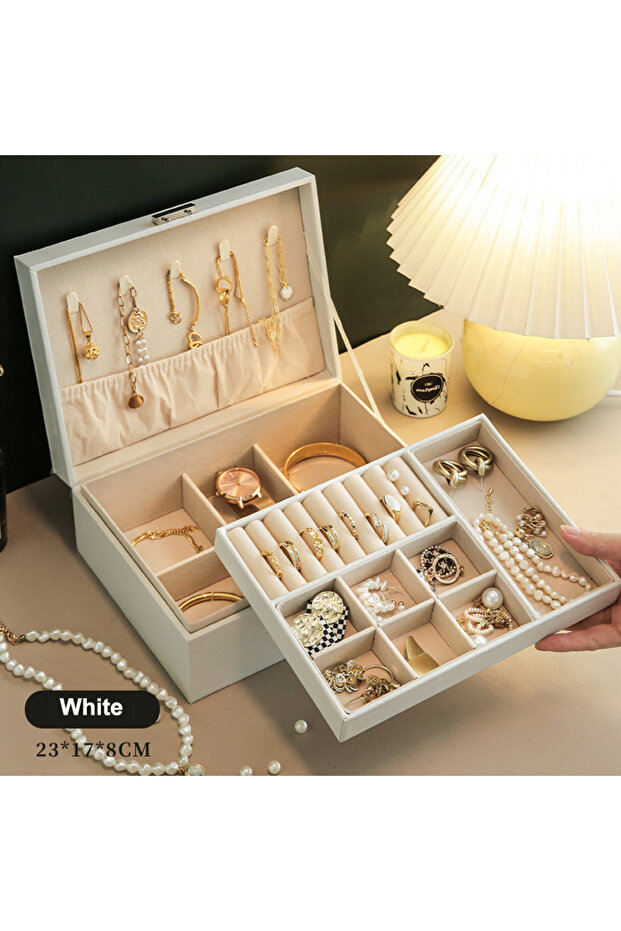 2 Layers White VANSIHO Classic Luxury Multi-Functional Jewelry Box Large Capacity PU Leather Jewelry