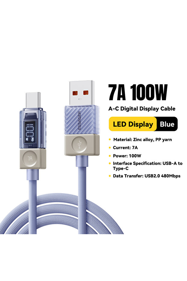 كابل USB-C أزرق بطول 1 متر، 7 أمبير، 100 واط، من النوع A إلى النوع C، بقدرة 240 واط، متوافق مع أجهزة iPhone 17 و16 و15 Plus وPro Max وMacbook وiPad