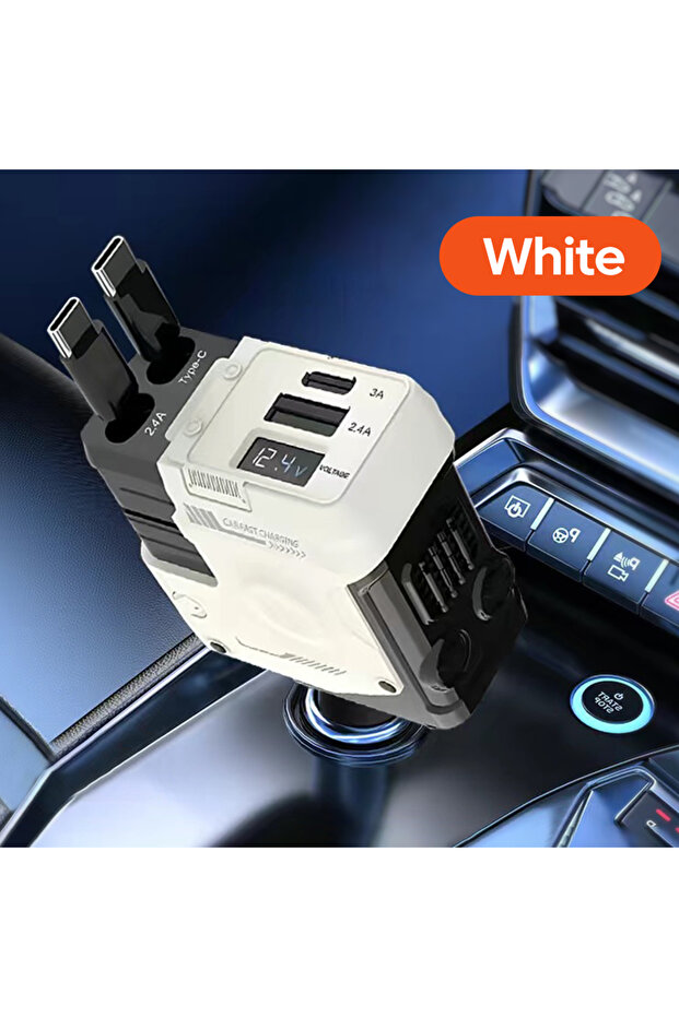شاحن سيارة أبيض 4 في 1 قابل للسحب بقوة 120 واط، شحن فائق السرعة، محول مزدوج من النوع C، USB، سيجارة