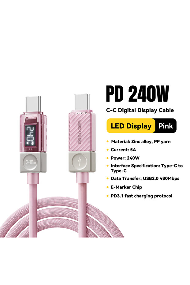 كابل USB-C وردي اللون بطول 2 متر وقدرة 240 واط، متوافق مع أجهزة iPhone 17 و16 و15 Plus وPro Max وMacbook وiPad S