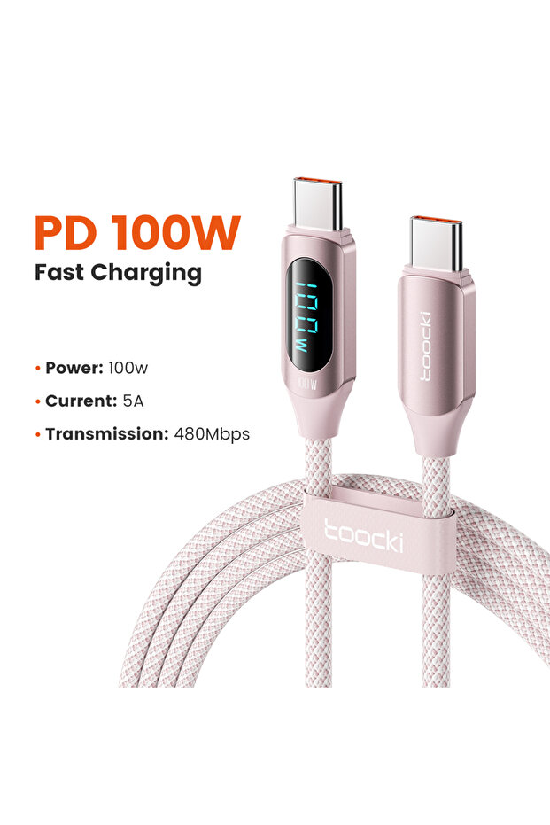 كابل USB-C إلى USB-C وردي اللون بطول 1 متر وقدرة 100 واط للشحن السريع