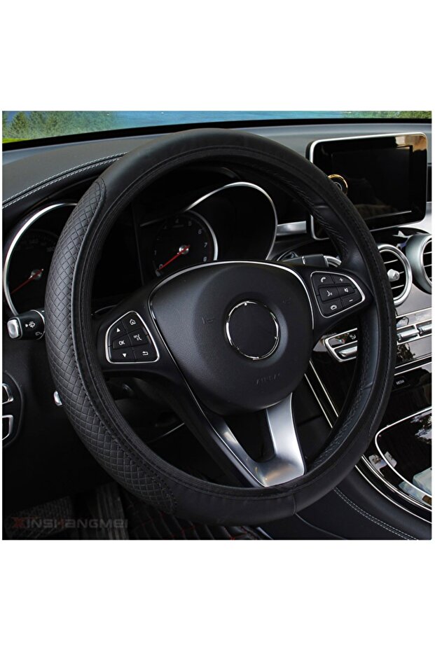 black Car Steering Wheel Cover Microfiber Leather Anti Slip Cushion Universal for 37-39cm Steering W