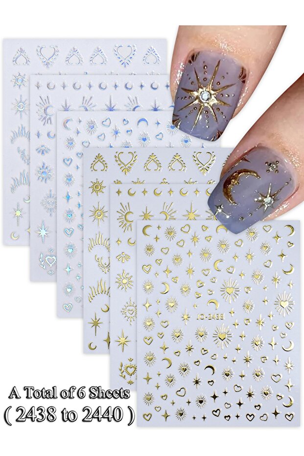Set11 (6 Sheets) 6/12/24 Sheets Gold & Silver Star, Moon & Heart Nail Stickers, Self-Adhesive 3D Nai