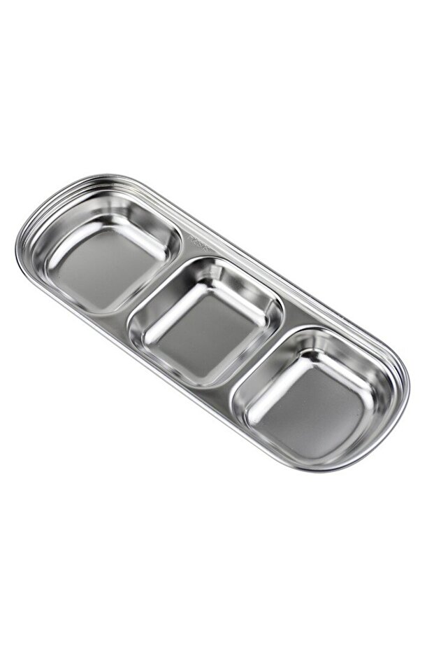 silvery Stainless Steel Divided Dip Bowls Sauce Plate Seasoning Dipping Condiment Tray for BBQ Vineg