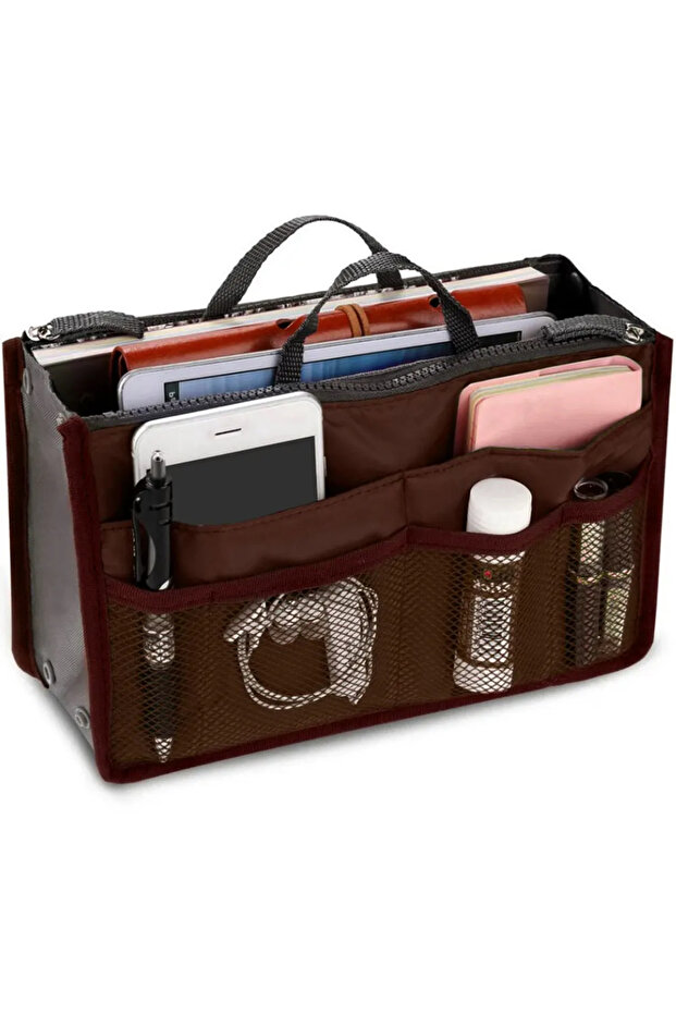 Coffee Women Cosmetic Organizer Bag Nylon Travel Insert Organizer Handbag Foldable Large Capacity In
