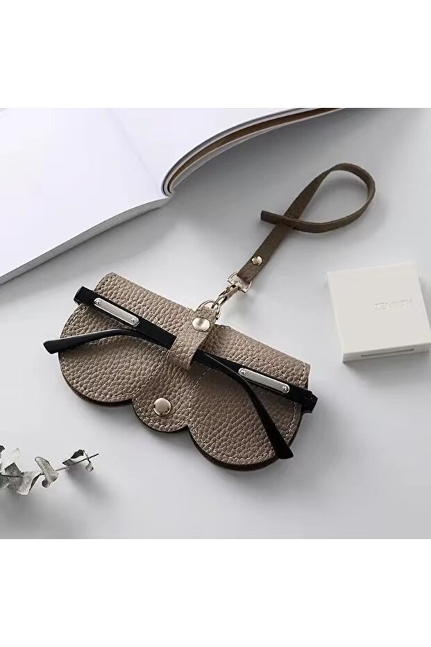 Khaki Litchi Embossed Glasses Cover Cute Hanging Pu Leather Sunglasses Reading Glasses Storage Bag P