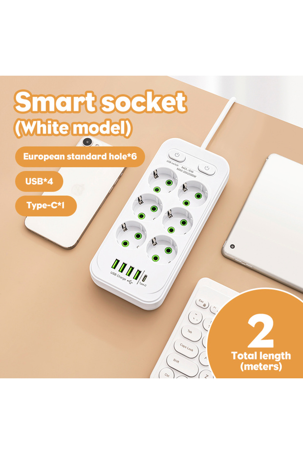 WHITE EU Plug AC Outlet Multitap Power Strip 2m Extension Cord Electrical Socket Smart USB Home Offi
