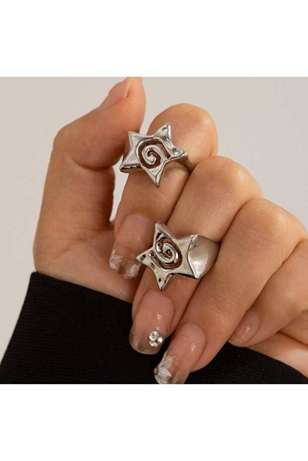 Silver Color 01 SHIXIN 2Pcs Design Three Dimensional Star Open Ring Set for Women Hip Hop Hollow Pen