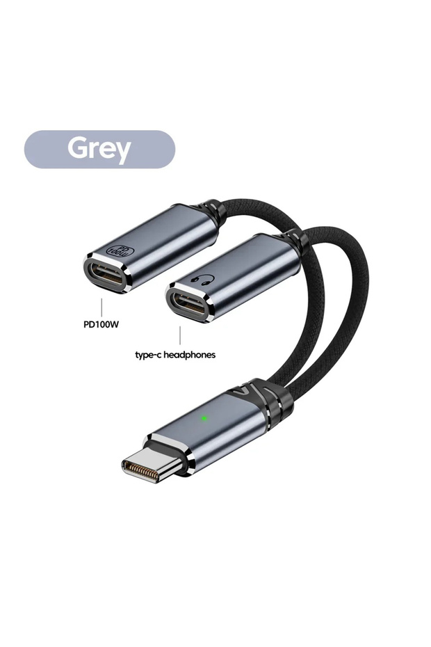 Grey Type C To Dual USB C Male To Female Headphone Adapters PD100W Quick Charging Audio Cables 2-in-