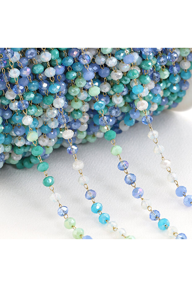 3.5mm Beads Blue Green-Gold 1meter Stone Stainless Steel Chain Muti-color Crystal Beaded Chains Link