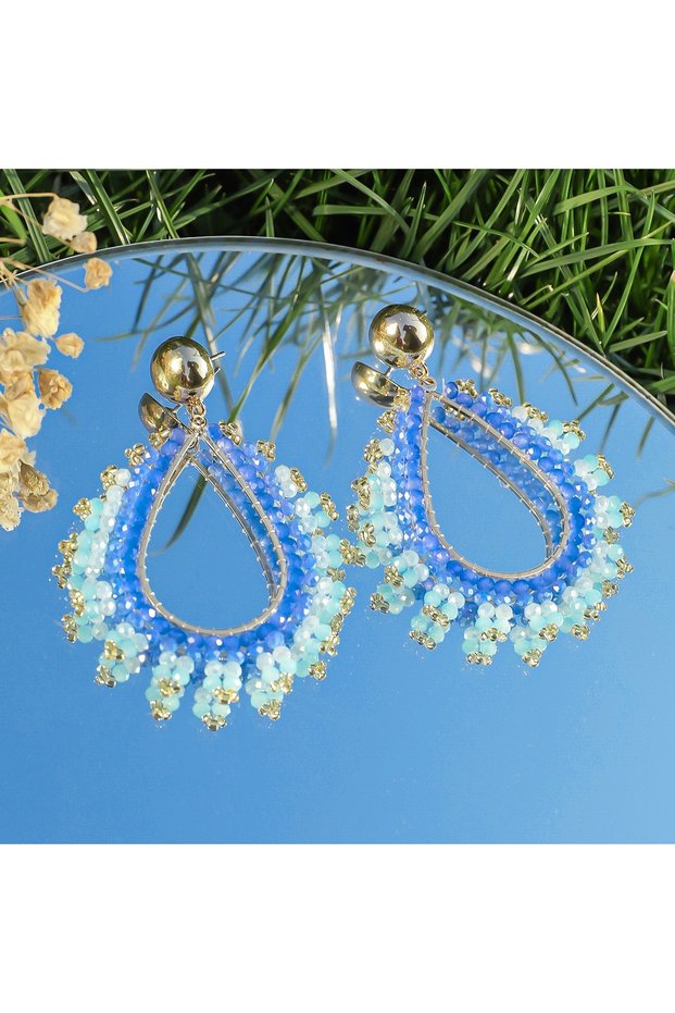 Blue Boho Exquisite Waterdrop Crystal Beads Earrings for Women Handmade Big Statement Metal Earrings