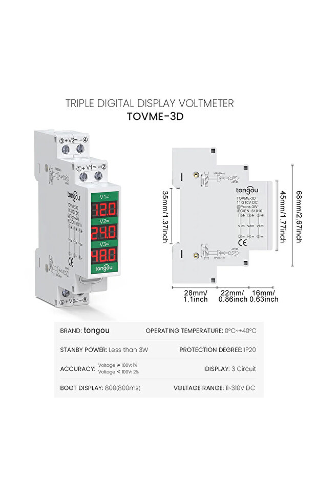 Triple Display Single/ Dual/ Triple Ways Din Rail Mount Voltage Meter DC 11-310V High Precision Cold