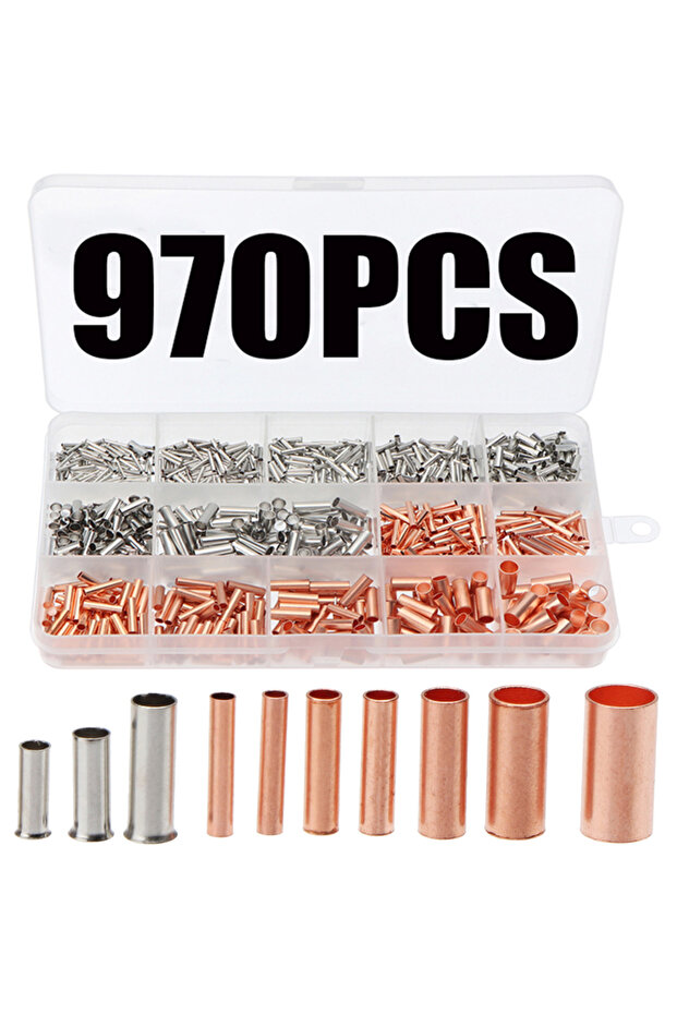 970pcs 970pcs Copper Connecting Pipe Wire Small Copper Tube Terminal Cable Lug Bootlace Ferrule Kit
