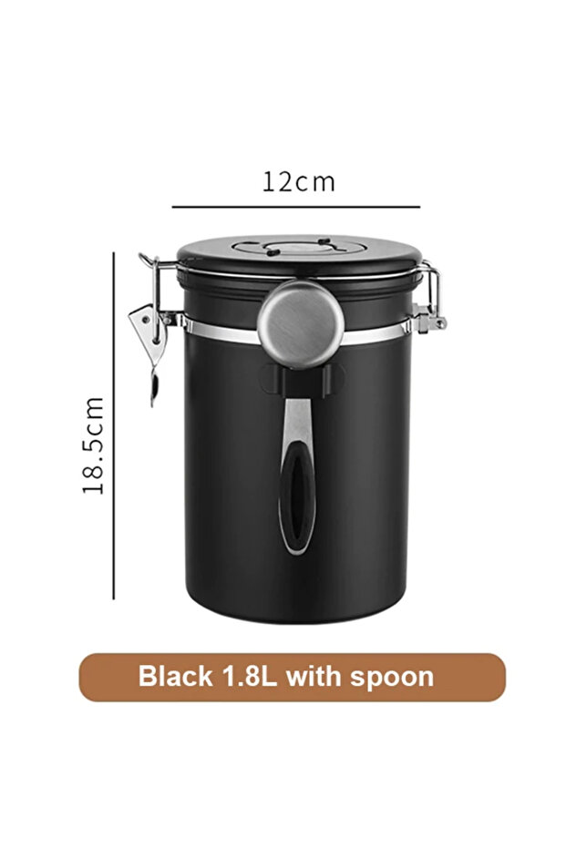 Black-1.8L 304 Stainless Steel Coffee Beans Vacuum Storage Jar with Spoon Large Capacity Airtight Co