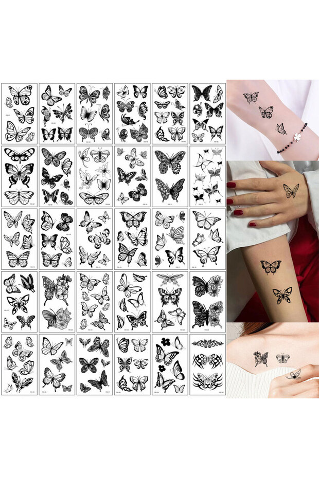 Set-194 30 Sheets Black Flower Design Temporary Tattoo Stickers for Men Women Waterproof Small Moon