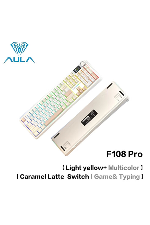 F108 Pro Yellow Mix AULA F108Pro/F108 اتصال بلوتوث لاسلكي ثلاثي الأوضاع، شاشة متعددة الوظائف