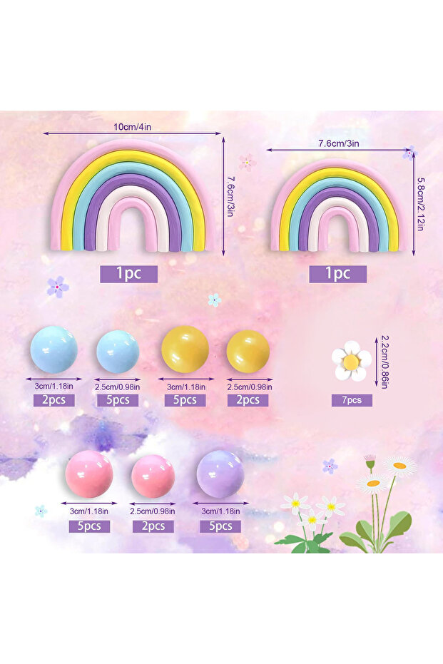 35pcs Rainbow 35 PCS Cake Toppers Boho Cake Topper Hippie Party Decorations with Flower Rainbow Ball