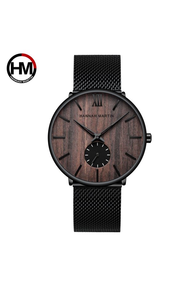 1002HUTAO Hannah Martin Men Wrist Watch Stainless Steel Mesh Strap Wooden Dial Black Business Timing