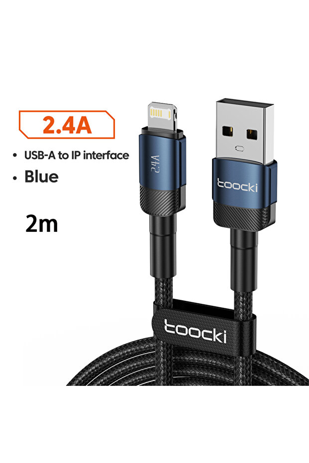 كابل USB أزرق بطول 2 متر وقوة 2.4 أمبير لهواتف آيفون 14 و13 و12 برو ماكس وXS وXR وآيباد، عبوة واحدة أو اثنتين، شحن سريع