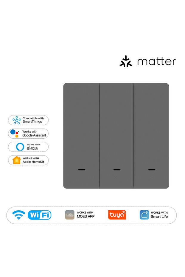 MOES 3 Gang Grey MOES Matter Tuya WiFi Smart Light Button Switch EU Verison Remote Control Work With