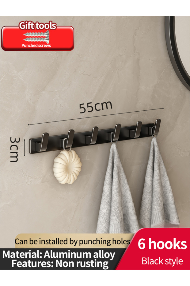 black6hook No Drill Space Aluminum Punch-Free Kitchen Hook Bathroom Clothes Hooks Storage Rack Hook