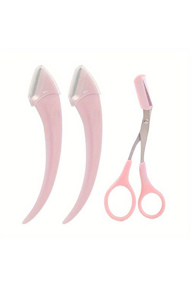 3PC-Pink 3-Piece Eyebrow Trimmer Set, Precision Trimming Scissors, Curved Eyebrow Trimmer And Comb -