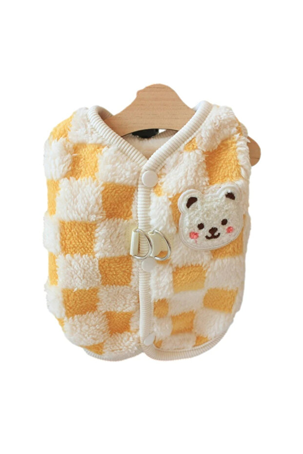 L Yellow Winter Warm Pet Dog Coat Plaid Dog Clothes with D-ring Plush Pet Jacket for Small Medium Do