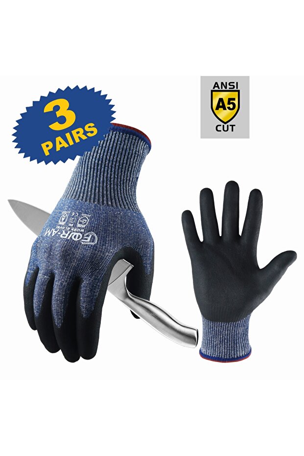 S BLUE 3PAIRS 1/3Pair, Level 3Cut-Resistant Gloves, Firm Non-Slip Grip, Heavy Duty Work, Durable & B