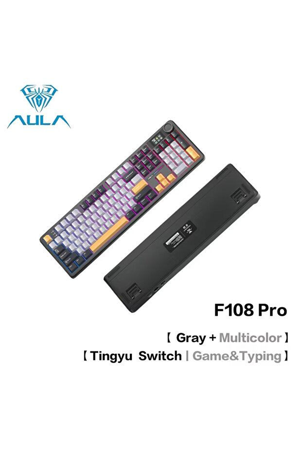 F108 Pro Gray Mix AULA F108Pro/F108 اتصال بلوتوث لاسلكي ثلاثي الأوضاع، شاشة متعددة الوظائف