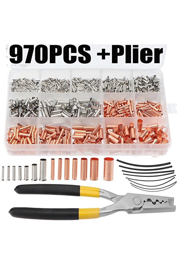 970pcs with plier 970pcs Copper Connecting Pipe Wire Small Copper Tube Terminal Cable Lug Bootlace