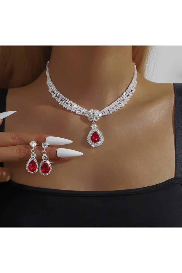 80834703-RED 3PC Women's Fashion Trend Black Gold Flower Necklace Earrings Jewelry Set Wedding Banqu