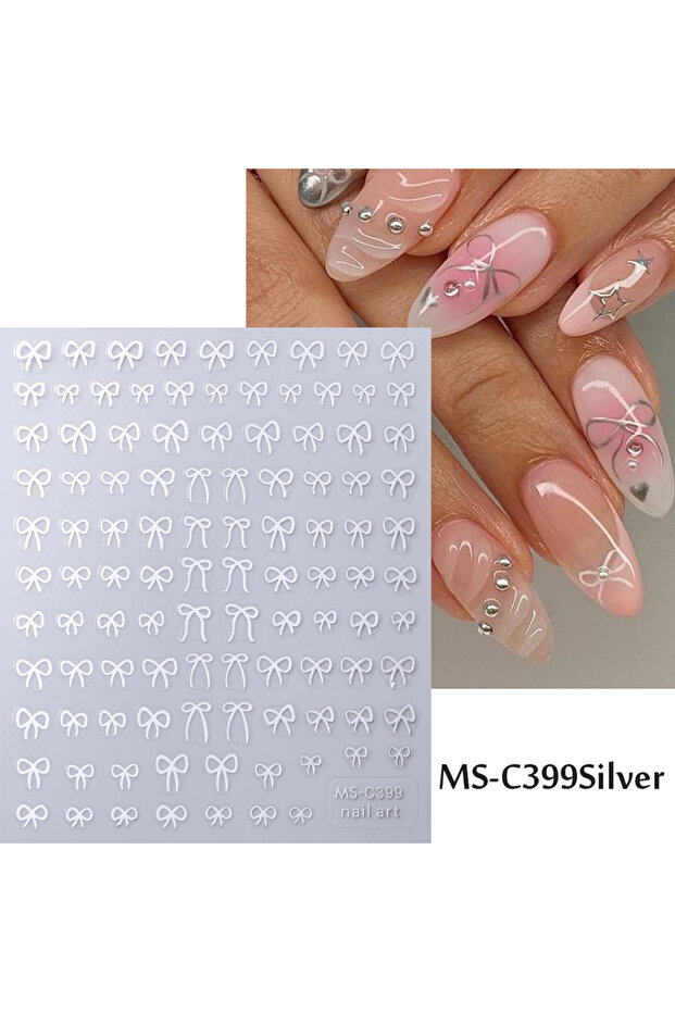 MS-C399 Silver 1/2pcs Black White Pink Mini Bowknot Design Nail Art Sticker Self Adhesive Lace Ribbo