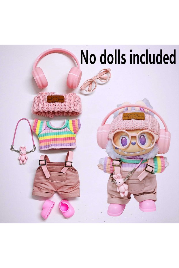 B 7pcs For Labubu Baby Clothes 15cm - 17cm, Made of Labubu Fabric, Pink Overalls, Paired with Baby C