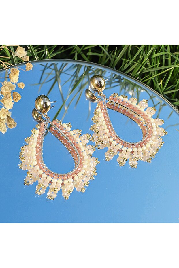 Pink Boho Exquisite Waterdrop Crystal Beads Earrings for Women Handmade Big Statement Metal Earrings