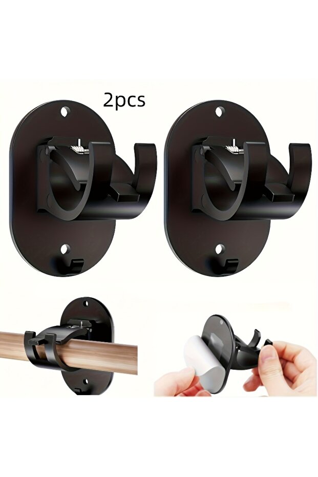 2pcs Black 2Pcs No-Drill Curtain Rod Holders Self-Adhesive Mounting Clips for Easy Installation Idea