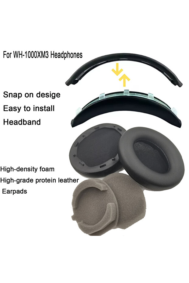 Black Protein Kit WH1000XM3 Easy Install Snap On Headband Earpads for WH-1000XM3 Headphone Replacem
