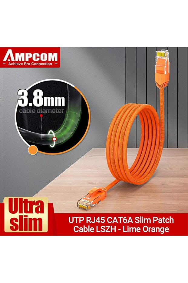 1m Cat6a Orange AMPCOM Ultra Slim Cat6a Network Cable, 3.8mm LSZH UTP RJ45 LAN Internet Network High