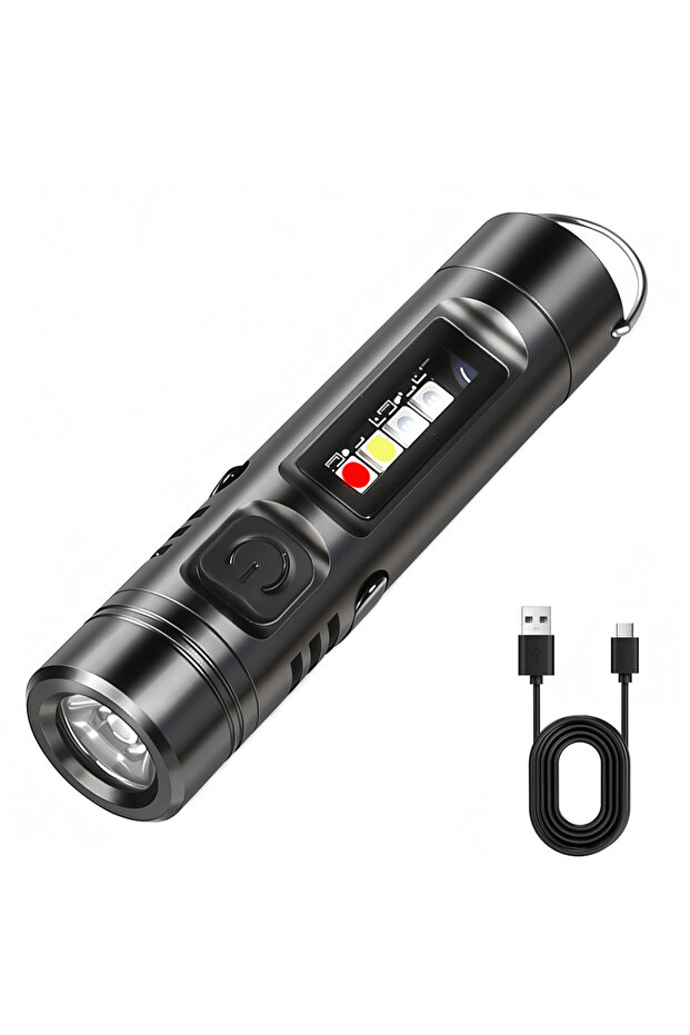 مصباح يدوي صغير أسود اللون بتقنية LED COB، قابل لإعادة الشحن عبر منفذ USB، مزود بمشبك مغناطيسي/قلم، و9 أوضاع إضاءة.