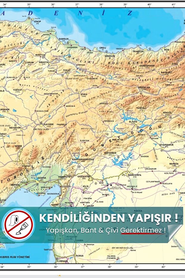 Turkey Physical Map, Magic Smart Paper That Does Not Hurt the Surface and Does Not Hold Adhesive, Map