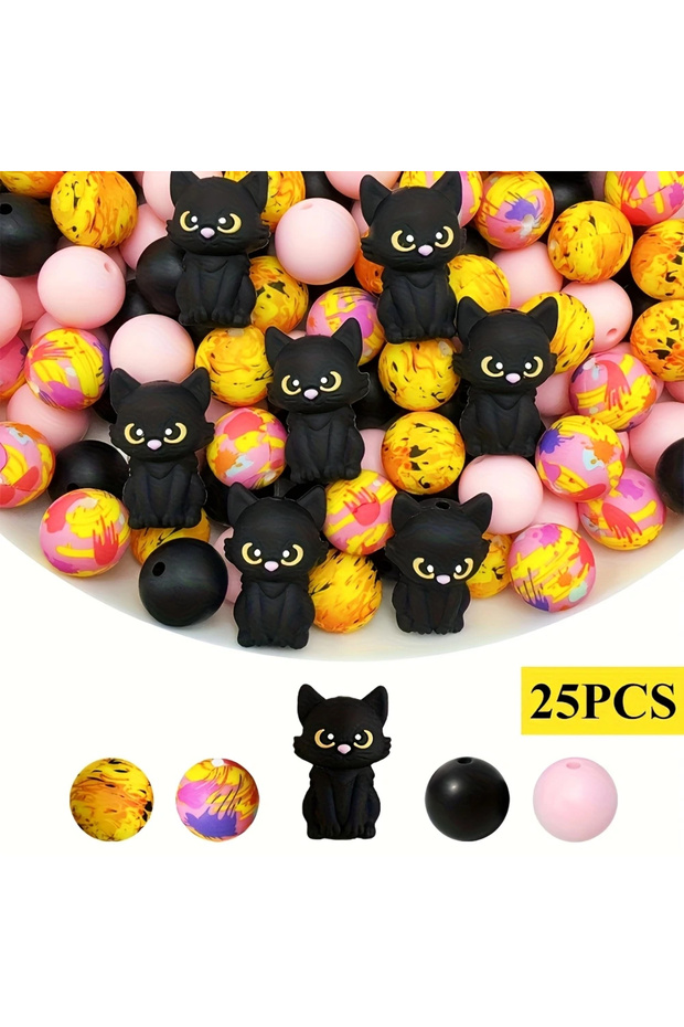 25PCS-style 1 6/25/30PCS Cute Kitten Silicone Bead Set, Perfect for DIY Handmade Crafts Such as Keyc
