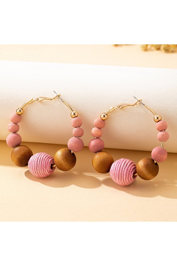pink A Pair of Women's Hoop Earrings with Wooden Beads in Dopamine and Maillard Color Tones, Suitabl
