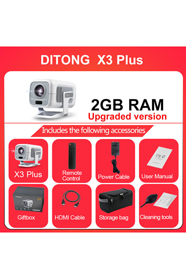 جهاز عرض X3 PLUS بذاكرة وصول عشوائي 2 جيجابايت من DITONG، دقة أصلية 1080 بكسل، يدعم 4K وWIFI6 وBT5.4 ونظام أندرويد، قابس أوروبي