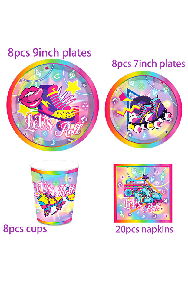 MM251-set Cartoon Roller Skates Party Disposable Tableware Sets Birthday Plates Cups Paper Napkins S