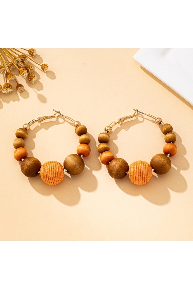 orange A Pair of Women's Hoop Earrings with Wooden Beads in Dopamine and Maillard Color Tones, Suita