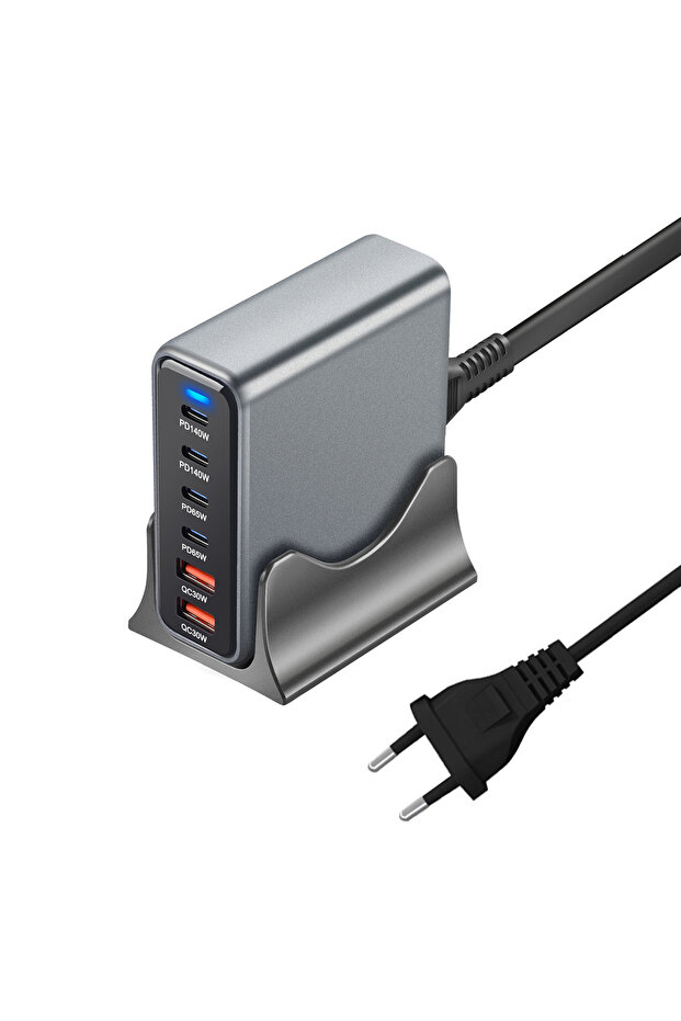 شاحن سطح مكتب GaN بستة منافذ بمقبس أوروبي، بقوة 470 واط، وشحن سريع 4C2A USB-C PD للهواتف والأجهزة اللوحية وأجهزة الكمبيوتر المحمولة
