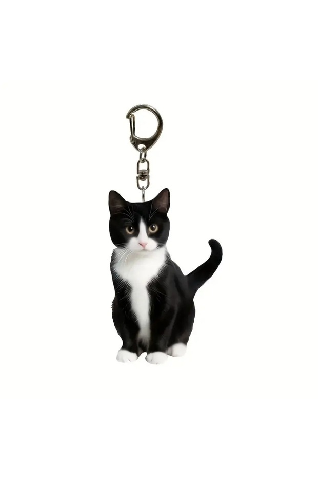 1 1pc, Black and White Cat Keychain, 2D Acrylic Cat Pendant,Double-Sided Design, Animal Key Ring Ch.