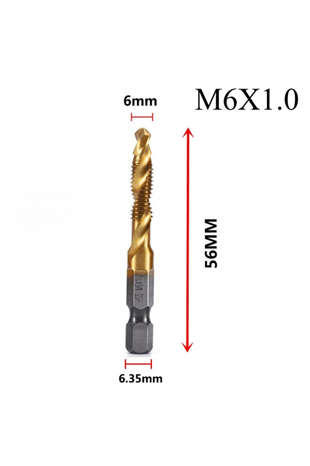 مثقاب لولبي مركب مترولي M6X1.0 بساق سداسية مطلي بالتيتانيوم من HSS لماكينات اللولبة